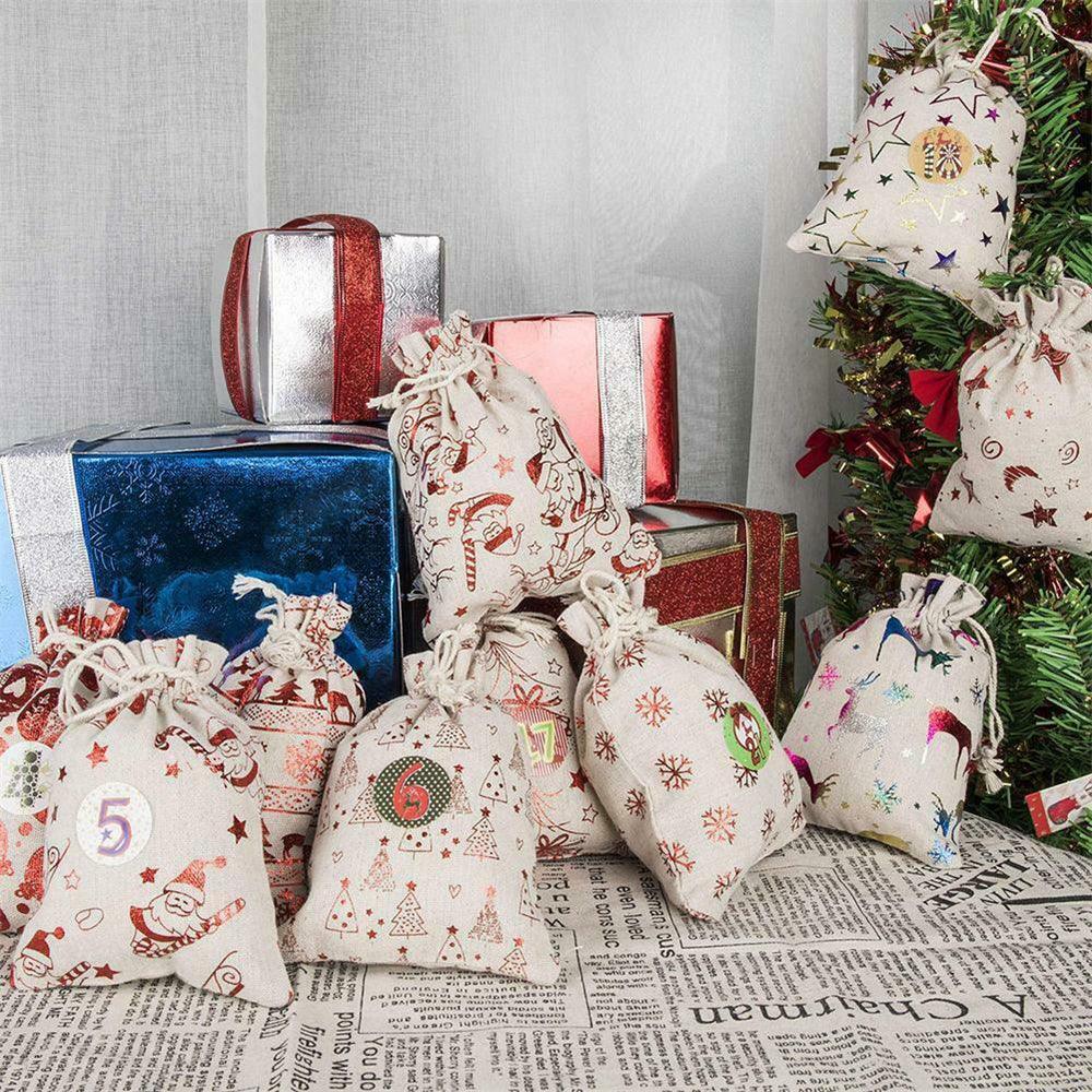 24pcs 10 Colors Christmas Countdown Gift Bag 1-24 Days Pocket Calendar Xmas Party Gift Sack Merry Christmas Decoration - MRSLM