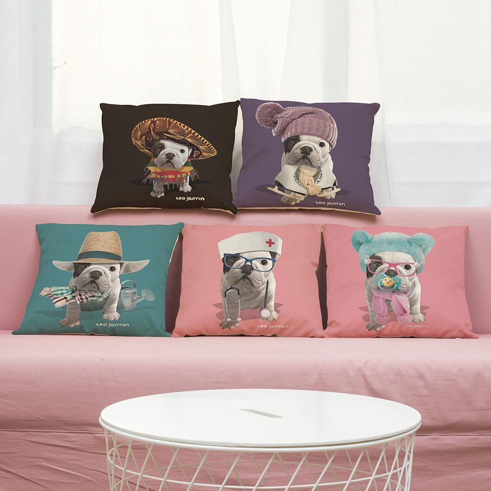 45 x 45 cm French Bulldog Printed Pillowcase Cotton Linen Sofa House Decoration Cushion Cover Pillow Case - MRSLM